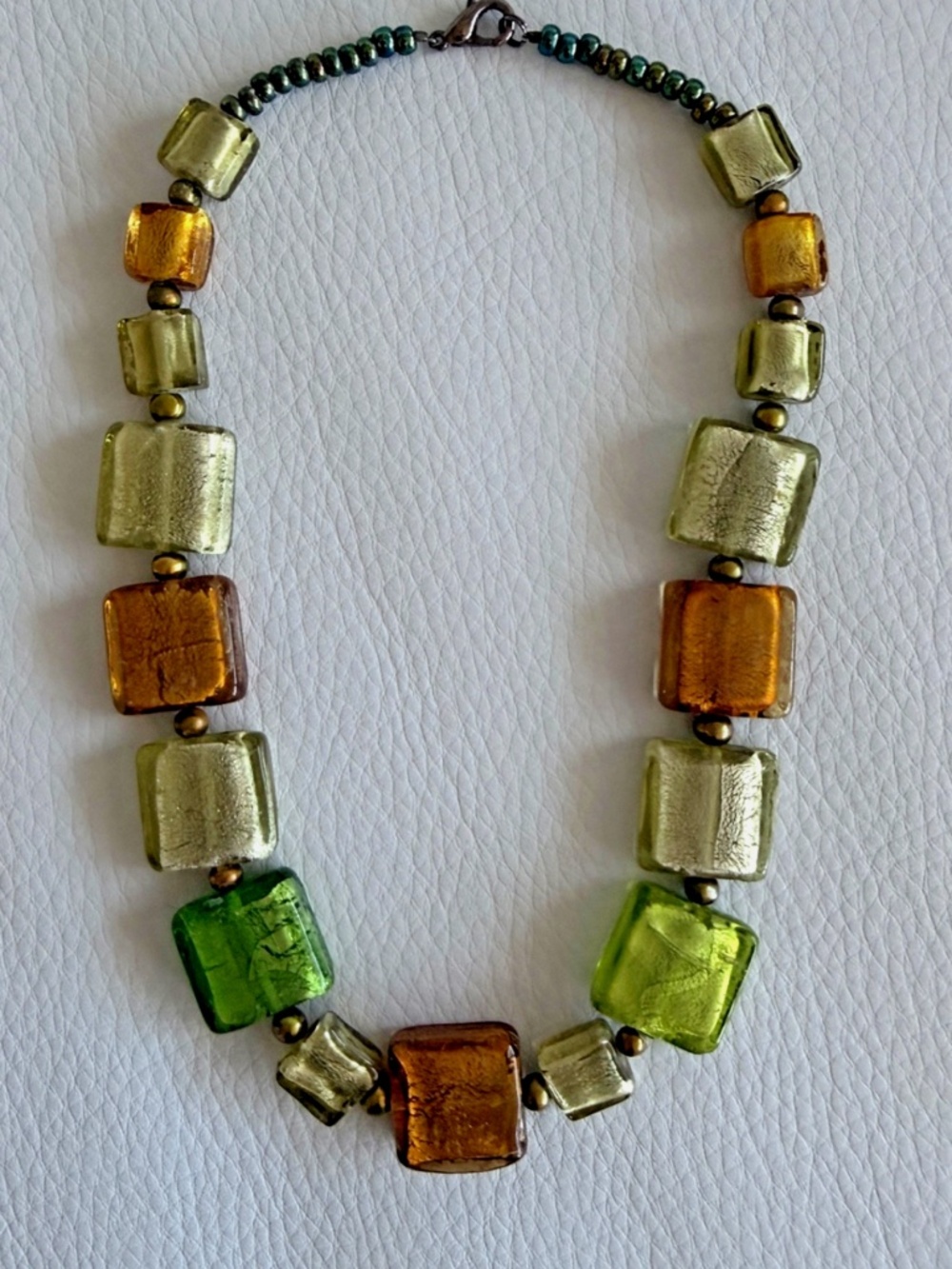 Murano Glass Necklace Square Foil Art Glass Beads Green Gold Amber Italy Vintage - Picture 6 of 8